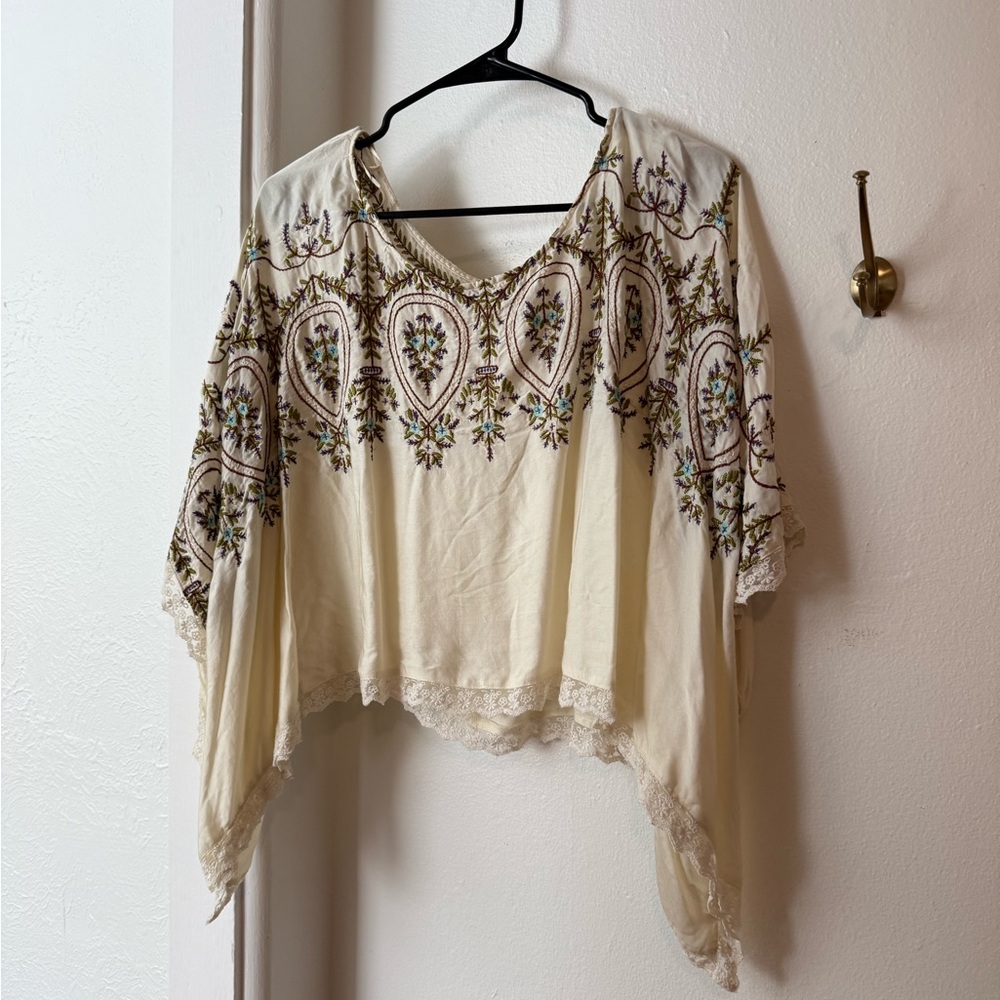 Free People Embroidered Cream Kimono Top
